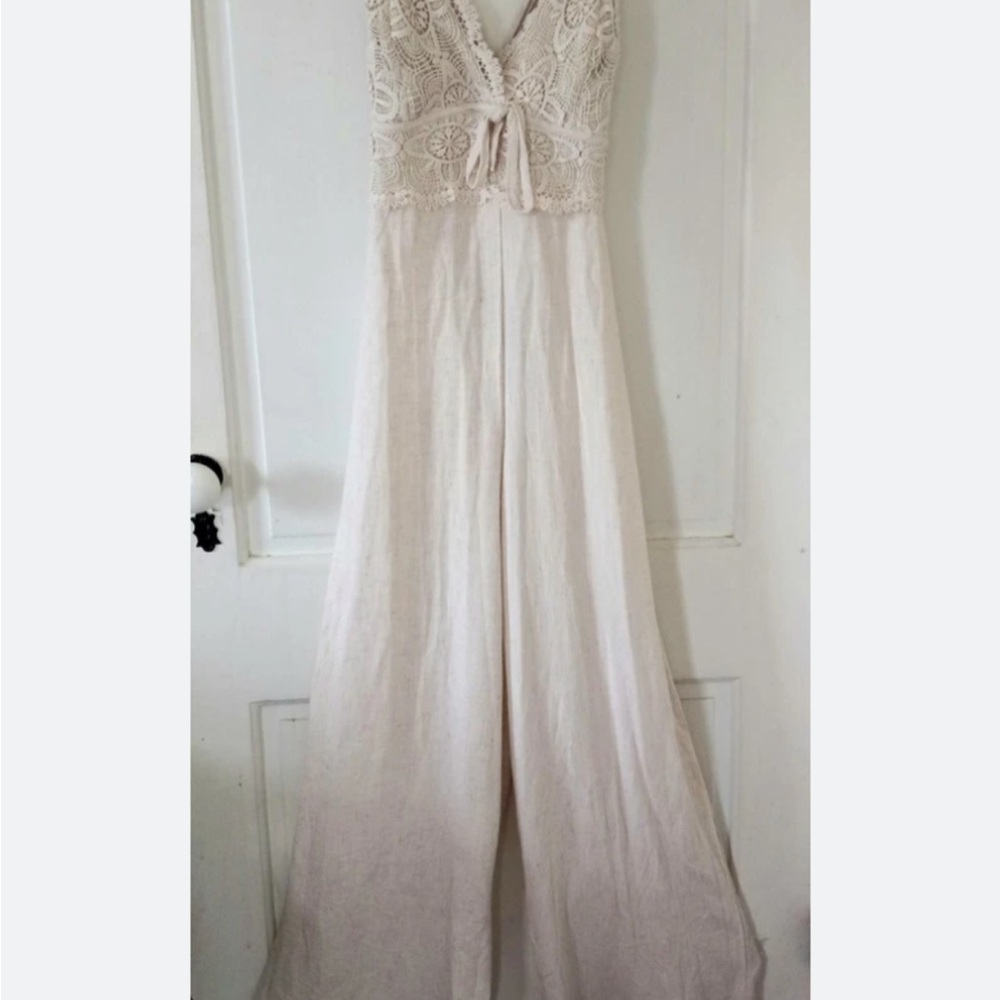 🆕Shasta Linen Lace Bodice Wide-Leg Cream Jumpsuit - Picture 2 of 13